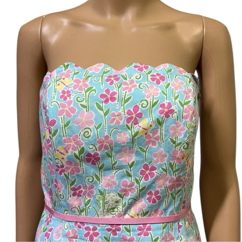 Lilly Pulitzer Strapless Wave Blue Floral Butterfly Tiger Scalloped Trim Dress 6 - Picture 4 of 13